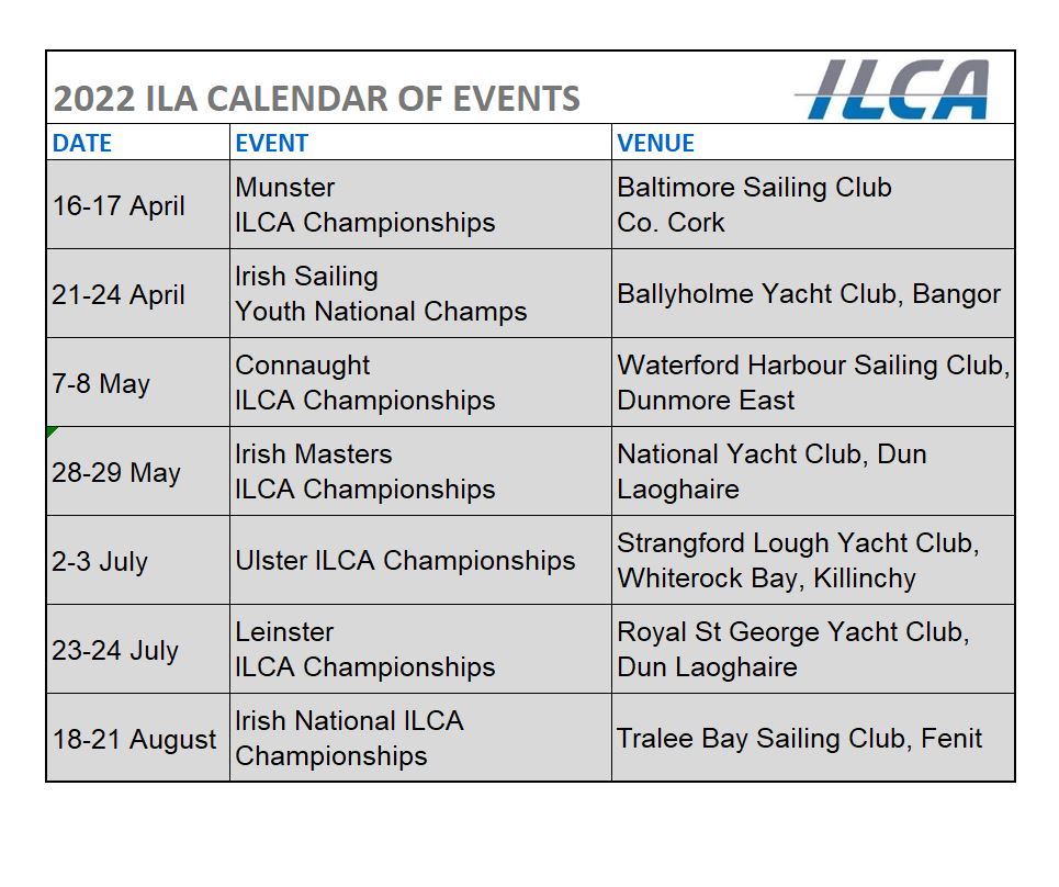 2022 ILCA Calendar of Events Irish Laser Association