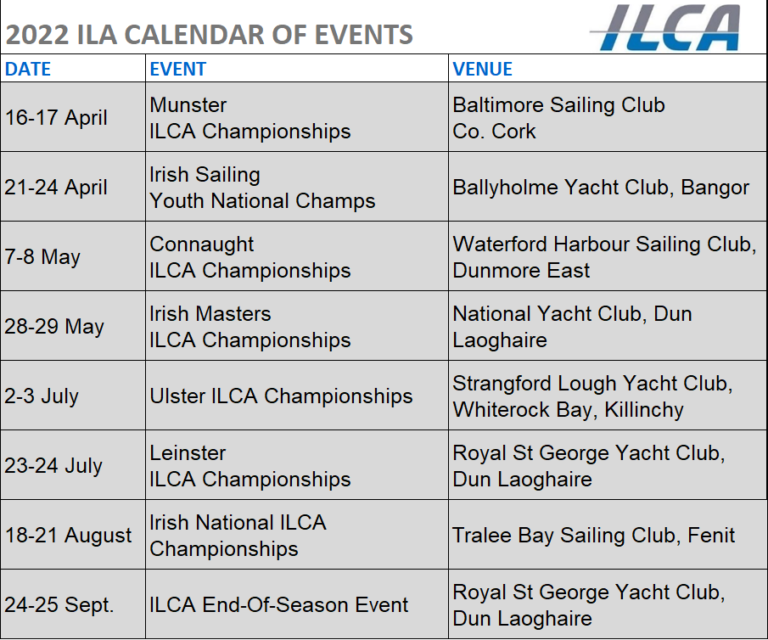 2022 ILCA Calendar of Events ILCA Ireland Irish Laser Class Association